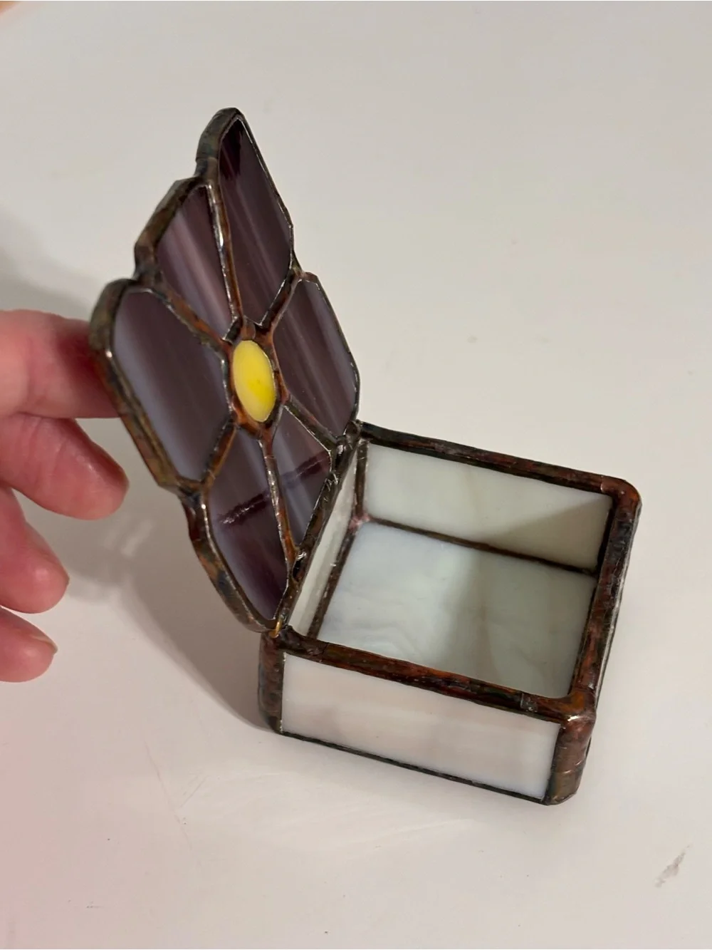Handmade Stained Glass Trinket Ring Box Purple Flower Yellow Center 2” X 2” Box